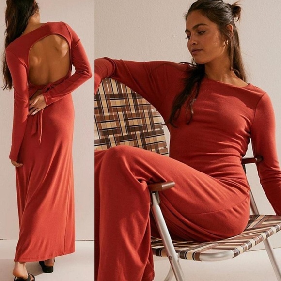 Free People Aubre Long Sleeve Stretch Open Back Chili Oil Maxi Dress Medium NWT - Picture 1 of 7